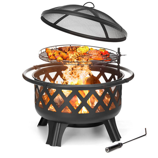 2 in 1 Fire Pit with Cooking Grate 30'' Wood Burning Firepit Outdoor Fire Pits Steel Firepit Bowl Outside with Swivel BBQ Grill, Spark Screen, Poker for Backyard Garden Bonfire Patio