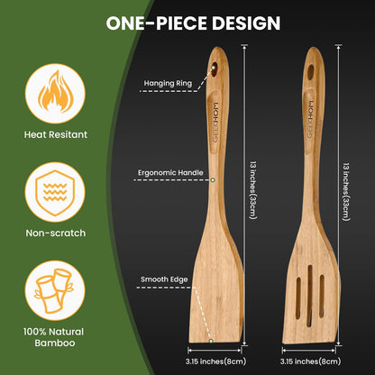 GEEKHOM Bamboo Spatulas for Nonstick Cookware, 13 Inch Wooden Kitchen Utensils, 2 Pack Wooden Spatula for Cooking, Slotted Wok Turners, Flipper for Pancake, Fish, Egg