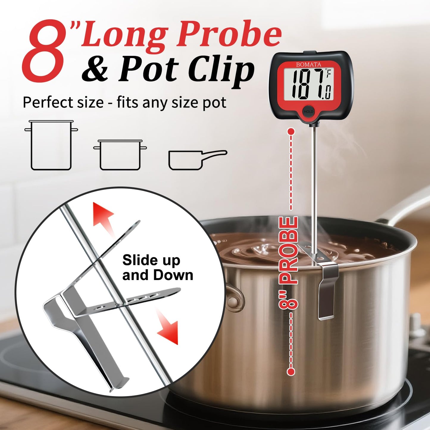 BOMATA Candy Thermometer with Pot Clip, Instant Read Cooking Thermometer with 8" Long Probe, Rotating Display, for Candy Making, Food, Candle Making, Liquids, Water, Baking, Sugar, Grilling. Black