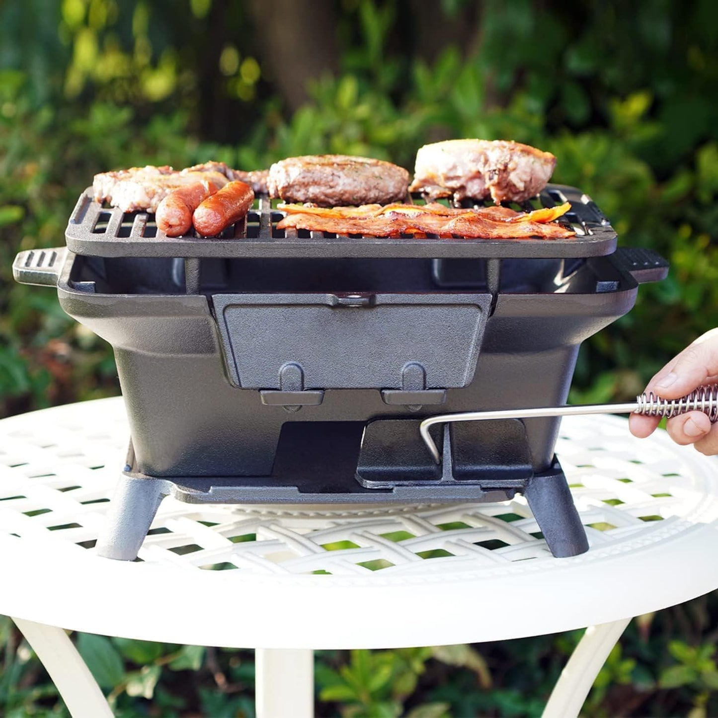 Hibachi Grill Outdoor, Portable Small Charcoal Grills, 100% Cast Iron, Mini Japanese Yakitori Tabletop Skillet Grill Stove for Outdoor Camping - Coal Door, Draft Door