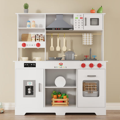 Large Wooden Play Kitchen for Kids - Realistic Kitchen Playset with Interactive Appliances & Storage - Hood, Microwave, Coffee Maker & Full Utensil Set - Gift for Boys & Girls Ages 3+