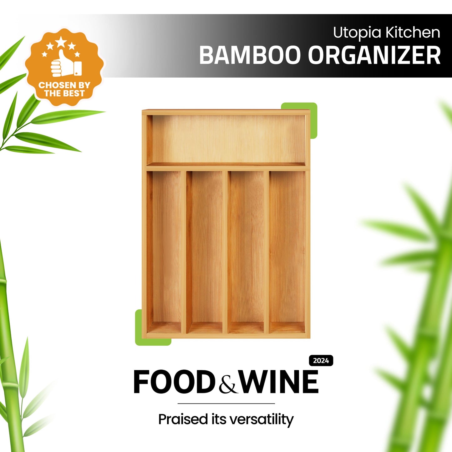 Utopia Kitchen Silverware Organizer, Bamboo Utensil Drawer Organizer for Cutlery, Utensils & Flatware (5 Compartment, Natural) Pack of 1