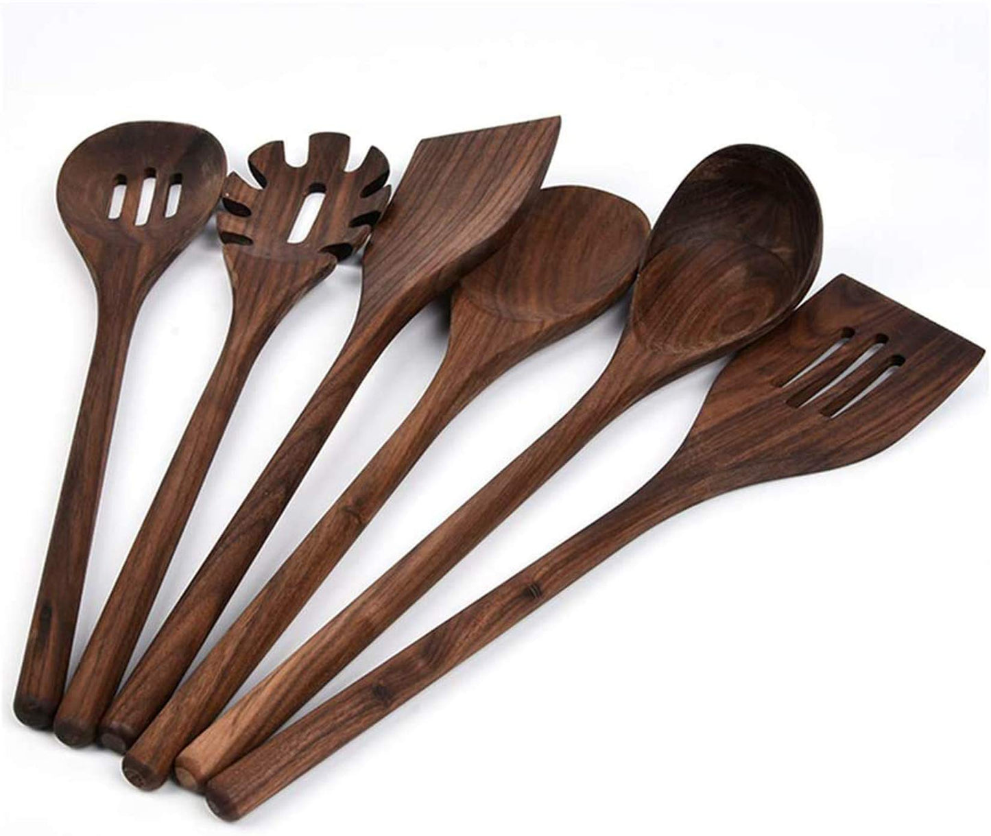 Fiunkes 6 PCS Wooden Kitchen Utensils Set, Black Walnut Wood Long Handle Spoons and Spatula Set for Cooking, Heat Resistant Non-Stick Cookware