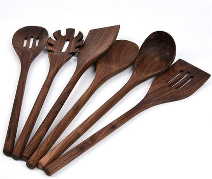 Fiunkes 6 PCS Wooden Kitchen Utensils Set, Black Walnut Wood Long Handle Spoons and Spatula Set for Cooking, Heat Resistant Non-Stick Cookware