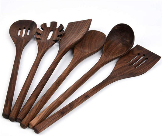 Fiunkes 6 PCS Wooden Kitchen Utensils Set, Black Walnut Wood Long Handle Spoons and Spatula Set for Cooking, Heat Resistant Non-Stick Cookware