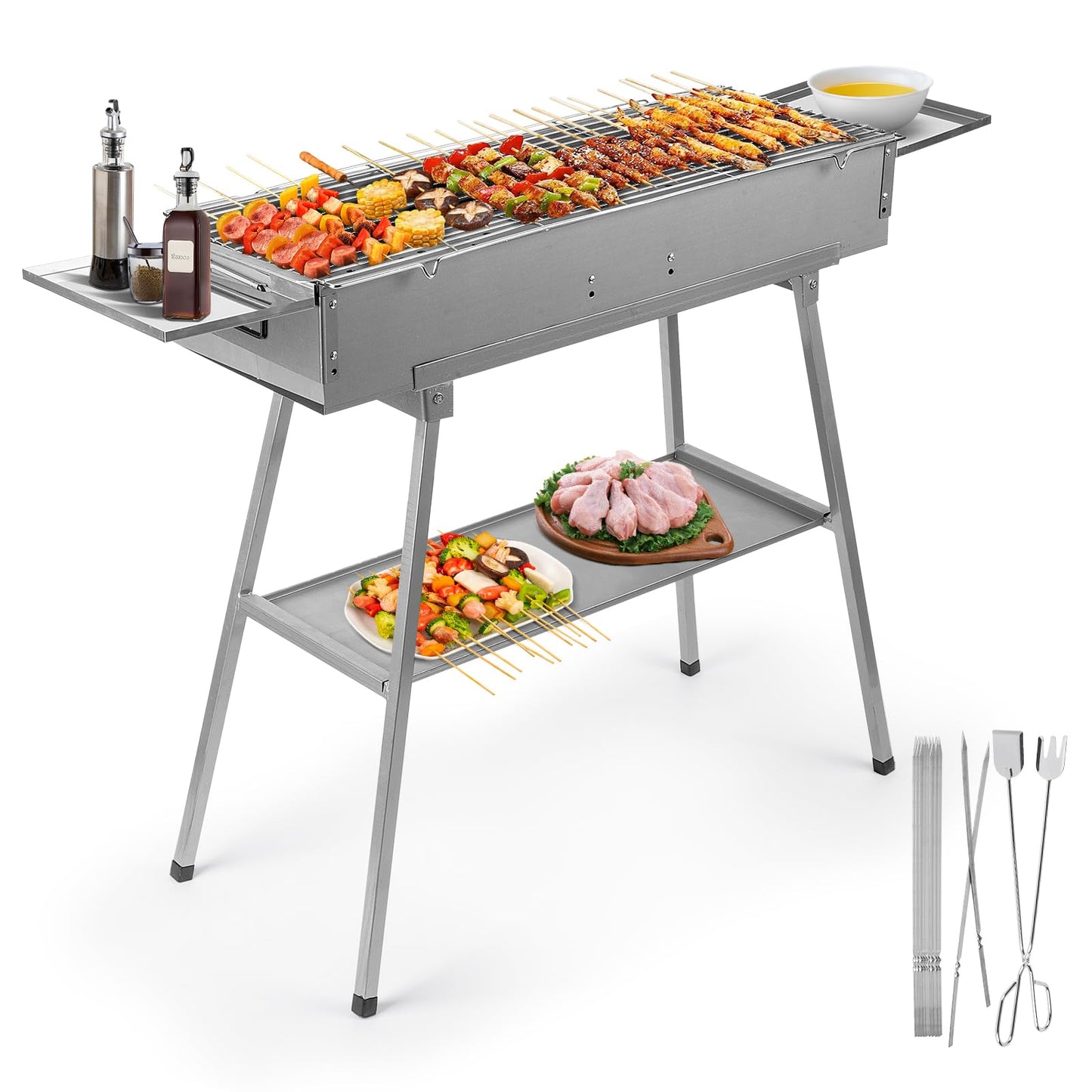 IRONWALLS Portable Charcoal Grill Outdoor Cooking, 32”L x 10”W Folded Camping Barbecue Grill with Storage Shelf, Metal Kebab Skewers, Rectangular Lamb Skewer Grill for Backyard Party Picnic Travel