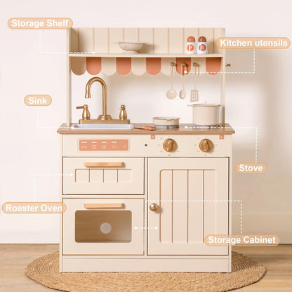 ROBOTIME Play Kitchen for Kids Toddlers, Wooden Pretend Play Kitchen Set Toy with Cutting Food Set, Toys Kitchen Gift for 3+ Year Old Kids, Girls & Boys