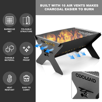 Odoland Camping Campfire Grill, Portable Folding Charcoal Grills, Backpacking BBQ Grill, Heavy Duty Firepit Grill with Carry Bag for Outdoor Cooking, Bonfire, Patio, Backyard