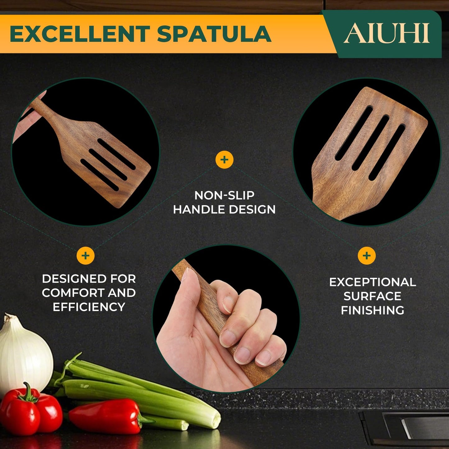 AIUHI Teak Wood Spatula for Cooking, Durable Flat Turner and Slotted Spatula for Nonstick Cookware, Long Handle Natural Wooden Cooking Utensils 2 Pieces