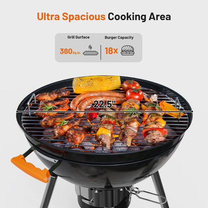KEYO GRILL 22.5-inch Kettle Charcoal Grill with Detachable Side Table, Portable Charcoal Grills with Adjustable Vents, Outdoor BBQ Grill with Wheels for Camping, Tailgating and Backyard Cooking