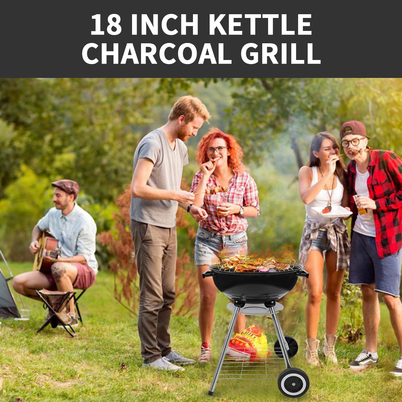 paxlloonge 18 Inch Charcoal Grill, BBQ Kettle Grill with Enamel Lid & Ash Catcher, Portable Charcoal Grill for Outdoor Grill Camping and Small Patio Backyard, Includes Wheels for Easy Mobility