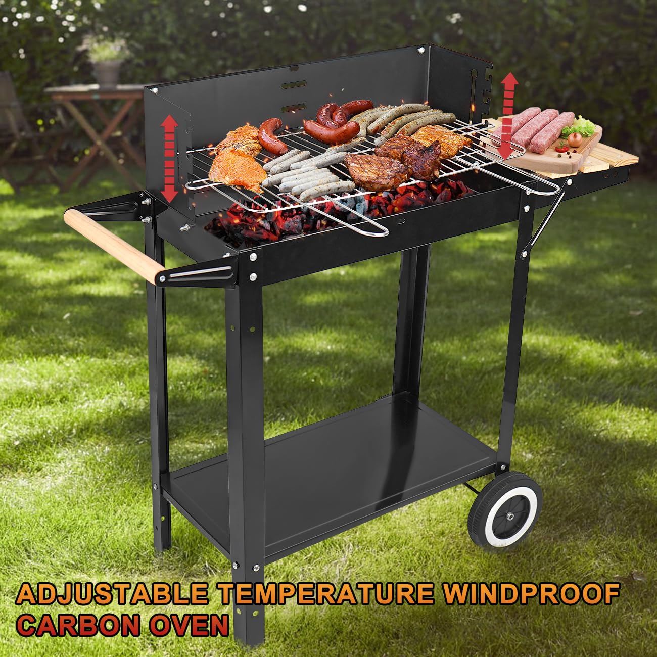 gzcmxh Charcoal Grill: Outdoor cooking Charcoal with side wood board - Charcoal Grill with Wheel and Handle for Outdoor, Camping (black)