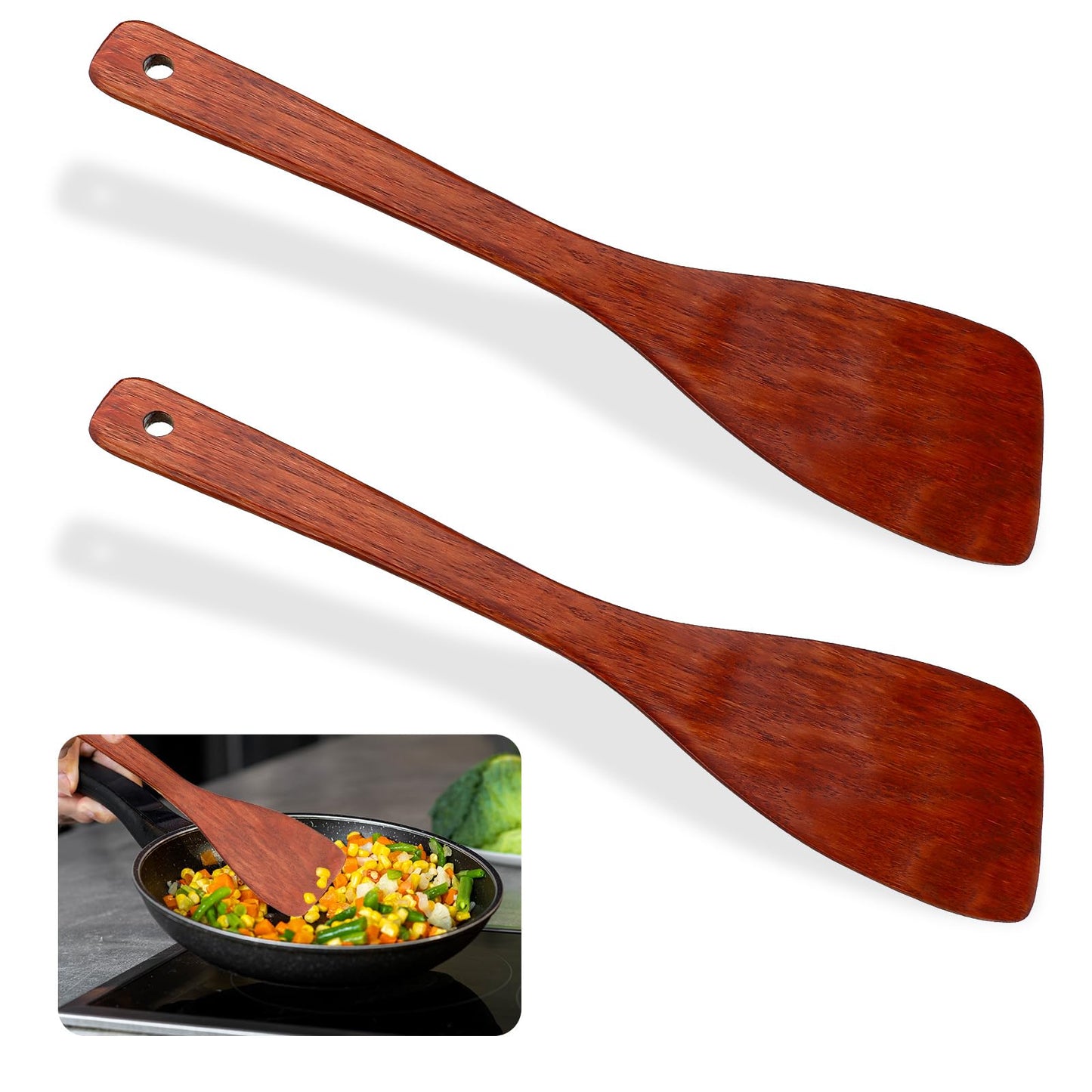 JIYIN 2 Pcs Wooden Cooking Utensils, 12.8 Inches Flat Non Stick Long Handled Frying Kitchen Spatula Turners for Pan and Wok