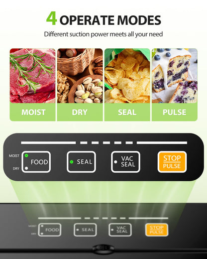 KOIOS Vacuum Sealer Machine, 90Kpa Automatic Vacuum Air food sealer/Built-in Cutter Starter Kit, Dry & Moist Food Preservation Modes, Pulse Function, LED Indicator Lights, Black