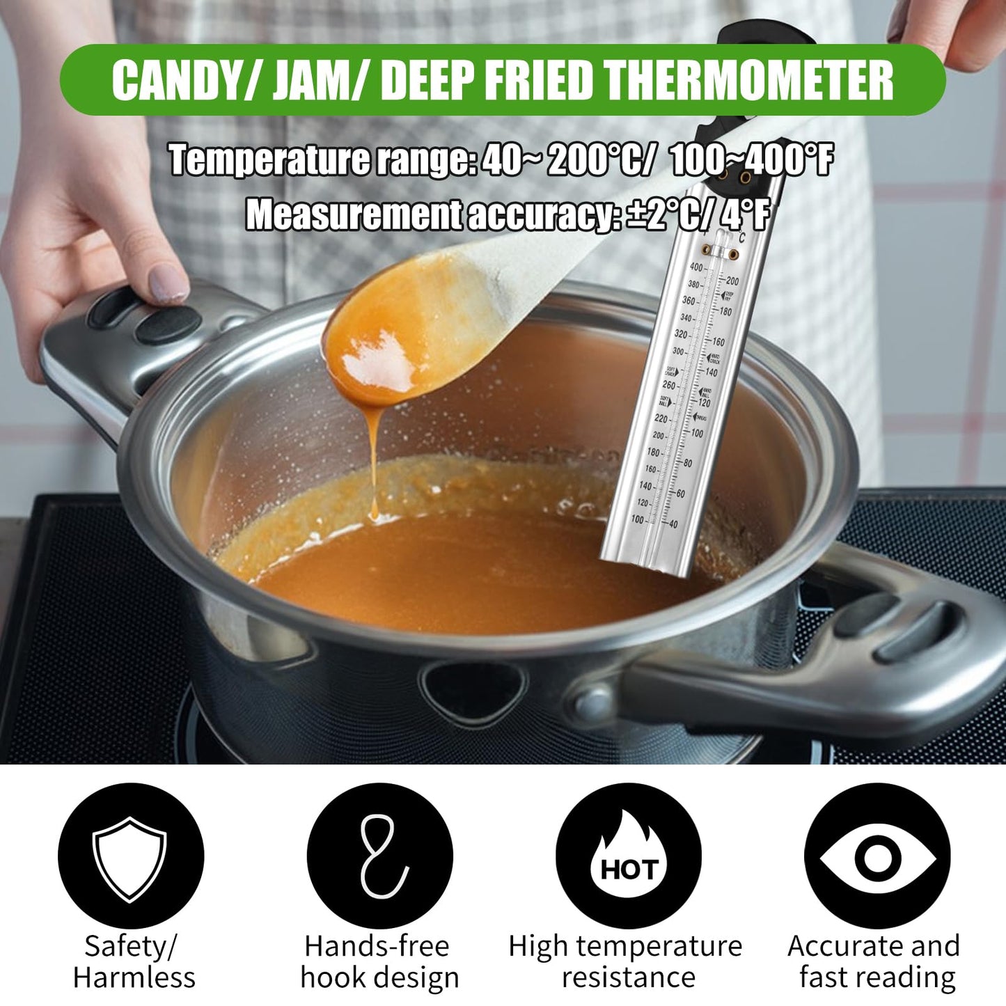 2Pcs Candy Thermometer with Pot Clip, New Stainless Steel Deep Fry Oil Thermometer Instant Read Cooking Thermometer with Hanging Hook, Oil/Candy/Fry/Jam/Sugar/Syrup/Jelly Food Thermometer for Cooking