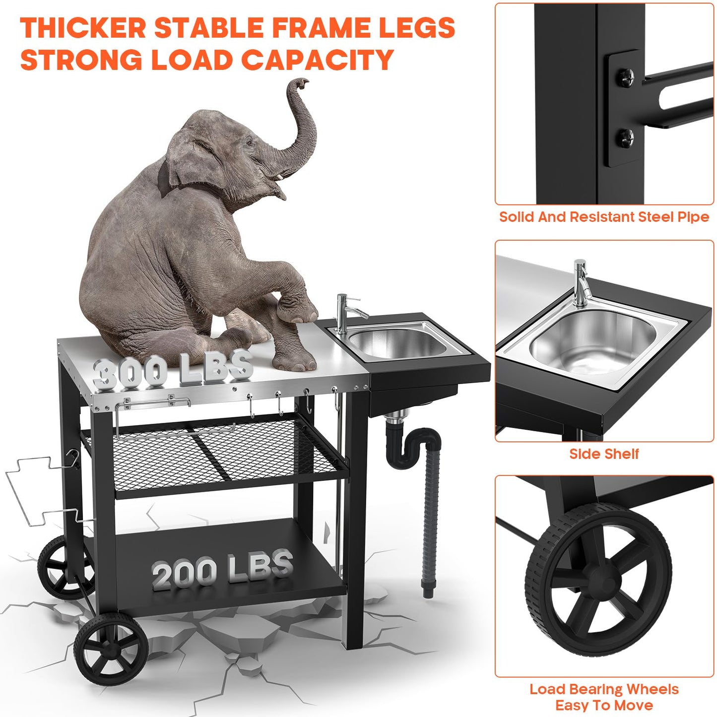 Outdoor Grill Table with Sink, Pizza Oven Cart with Drawer & Wheels, Movable 3 Shelf Food Prep Table for Ninja Woodfire, Blackstone Griddle Stand, Ooni Pizza Oven, Cuisinart, Cooking Station