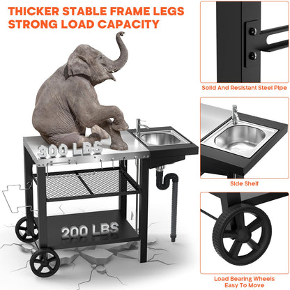 Outdoor Grill Table with Sink, Pizza Oven Cart with Drawer & Wheels, Movable 3 Shelf Food Prep Table for Ninja Woodfire, Blackstone Griddle Stand, Ooni Pizza Oven, Cuisinart, Cooking Station