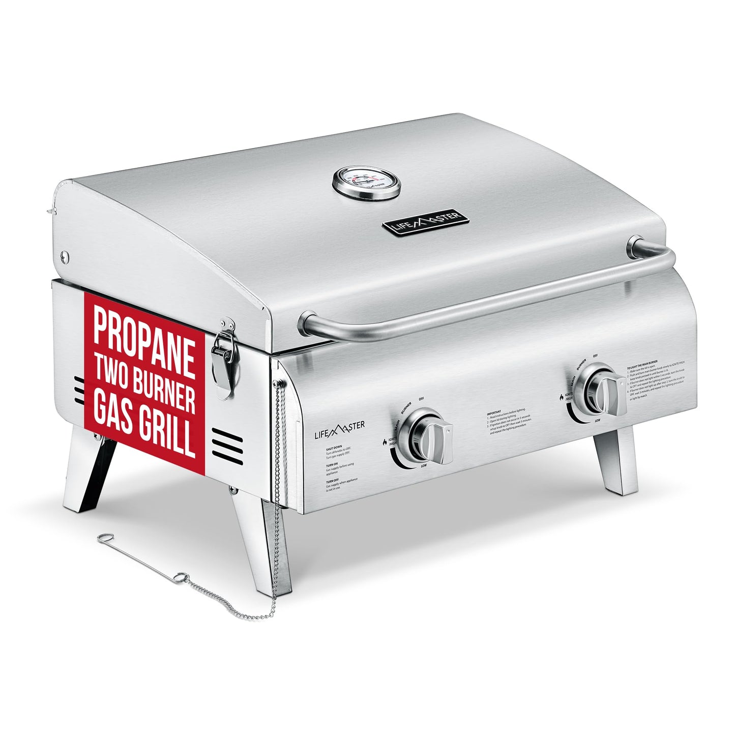 Stainless Steel Gas Grill, Dual 10,000 BTU Burners, 275 Sq.In Cooking Space, Push-to-Start Ignition, Wind-Proof Lid with Built-in Thermometer, Perfect for Camping Tailgates & Backyard BBQ Cookouts