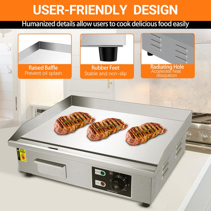 22inch 110V Commercial Electric Griddle 1600W Countertop Flat Top Griddle, Stainless Steel Teppanyaki Grill, 122-572℉ Adjustable Temp Control for Restaurant Kitchen