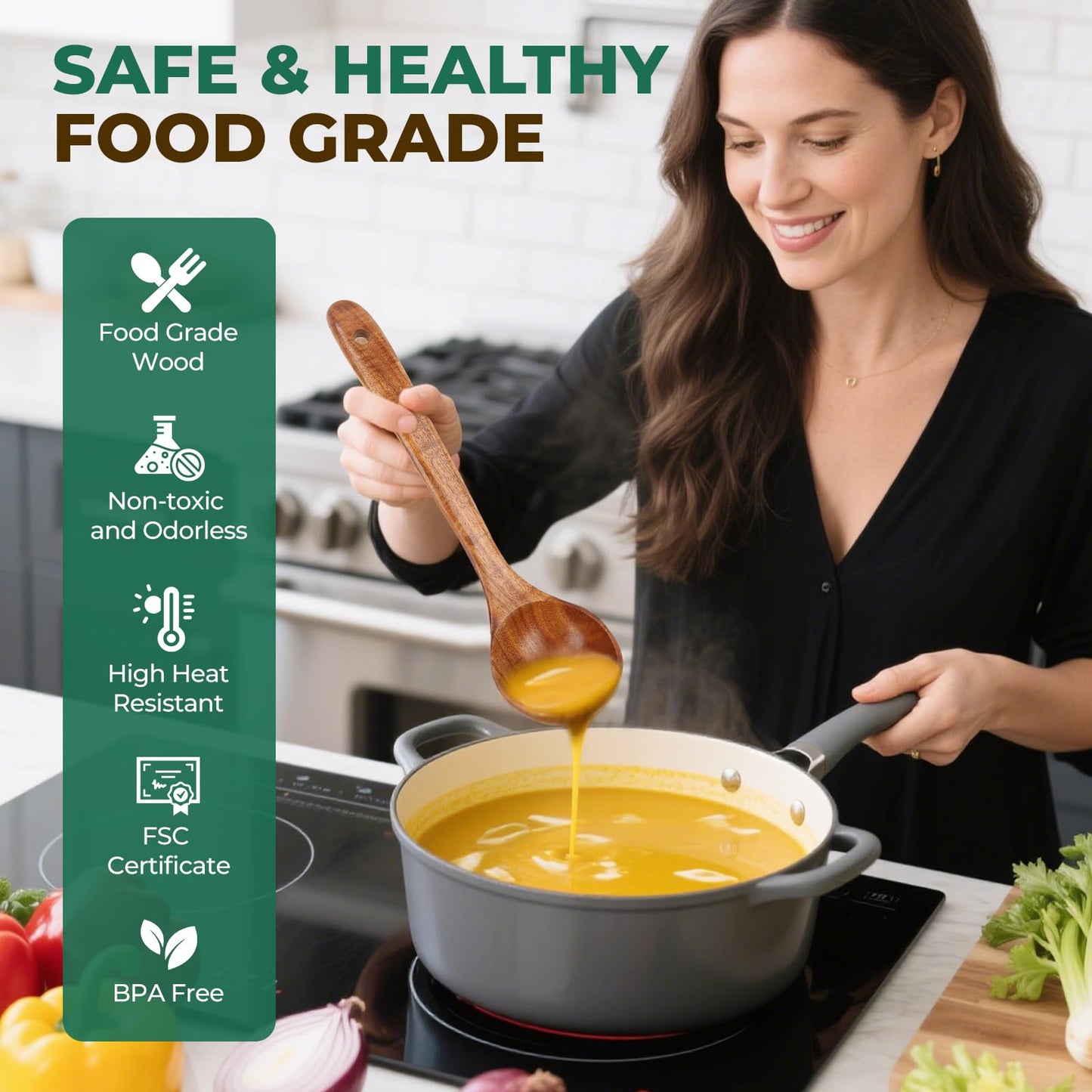 KAQISE 10PCS Wooden Utensils Set, Teak Wood Spoons&Spatulas,Kitchen Utensils for Nonstick Cookware-Spatula|Soup Ladle|Strainer Spoon|Pasta Fork,Heat Resistant Wooden Cooking Tools