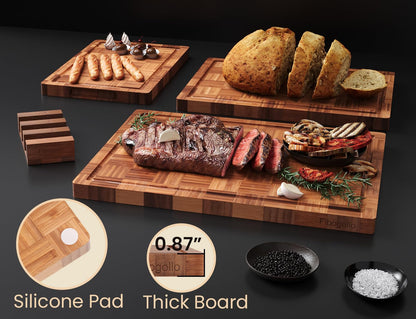 Fibogollo Bamboo Cutting Boards for Kitchen(Set of 3),Chopping Boards with Juice Groove,End Grain Serving Board with Holder,Bamboo Butcher Block for Meat,Vegetables,Fruit