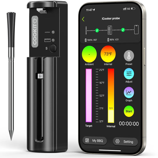 COOKIT 800FT Smart Wireless Meat Thermometer with 5.5mm Ultra-Thin Probe, Bluetooth 5.3 Digital Food Thermometer for Grill Kitchen BBQ Smoker Oven