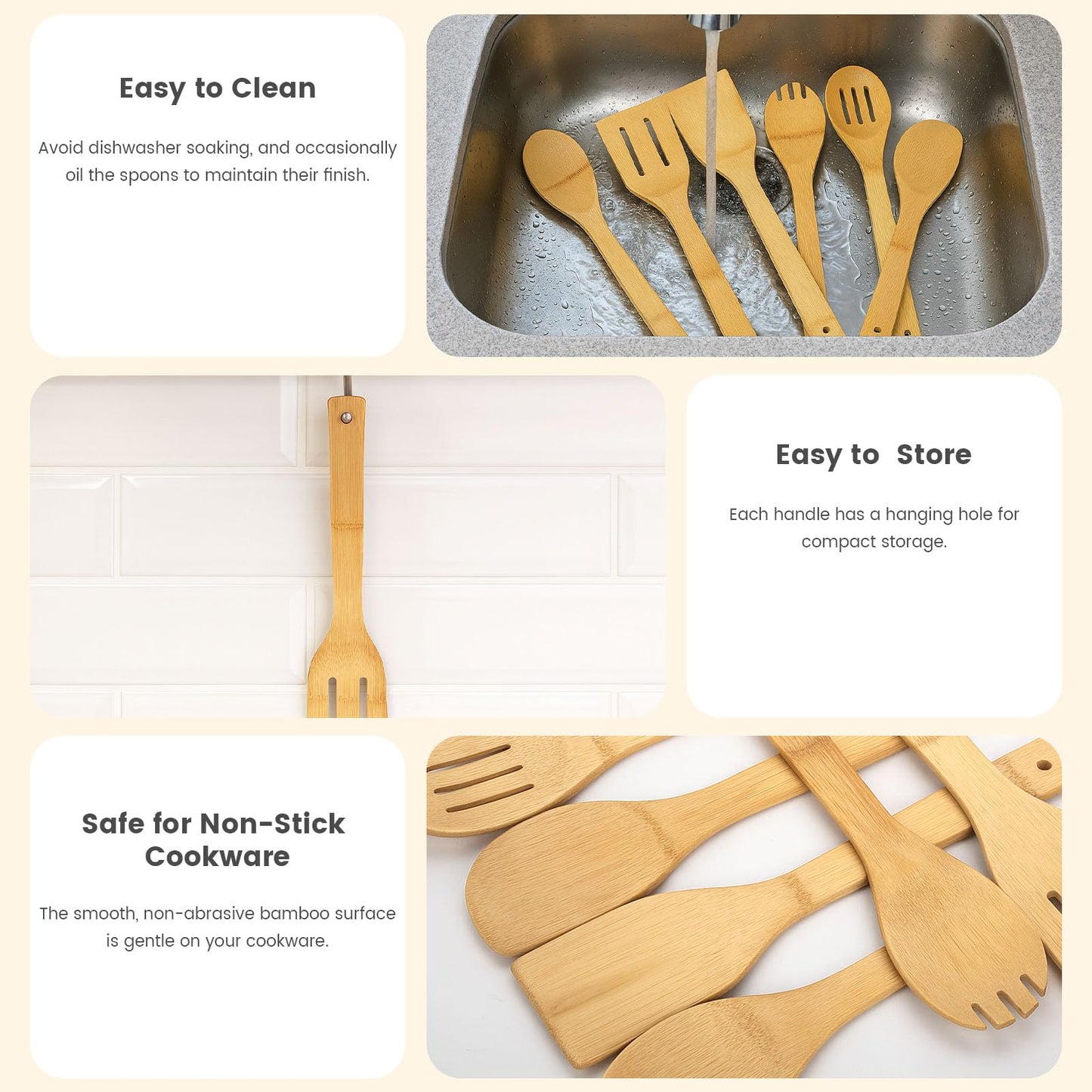 HAKSEN Bamboo Wooden Spoons for Cooking 6-Piece, Nonstick Bamboo Kitchen Utensils Set Wood Spatulas Spoons for Daily Use, Housewarming Gifts