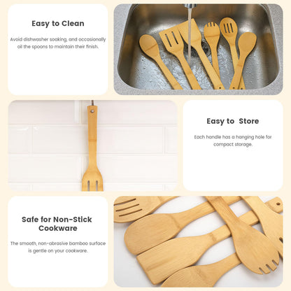 HAKSEN Bamboo Wooden Spoons for Cooking 6-Piece, Nonstick Bamboo Kitchen Utensils Set Wood Spatulas Spoons for Daily Use, Housewarming Gifts