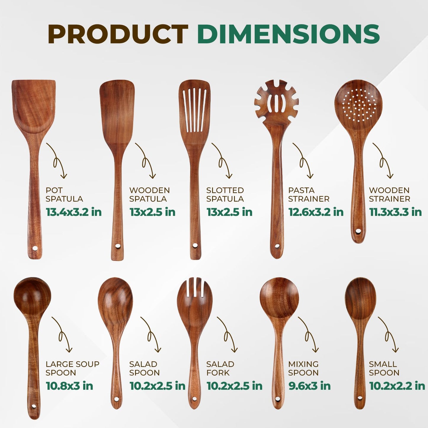 KAQISE 10PCS Wooden Utensils Set, Teak Wood Spoons&Spatulas,Kitchen Utensils for Nonstick Cookware-Spatula|Soup Ladle|Strainer Spoon|Pasta Fork,Heat Resistant Wooden Cooking Tools