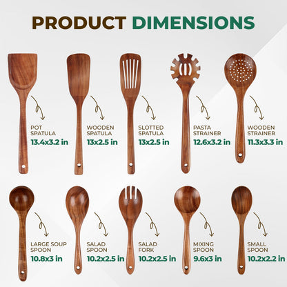 KAQISE 10PCS Wooden Utensils Set, Teak Wood Spoons&Spatulas,Kitchen Utensils for Nonstick Cookware-Spatula|Soup Ladle|Strainer Spoon|Pasta Fork,Heat Resistant Wooden Cooking Tools