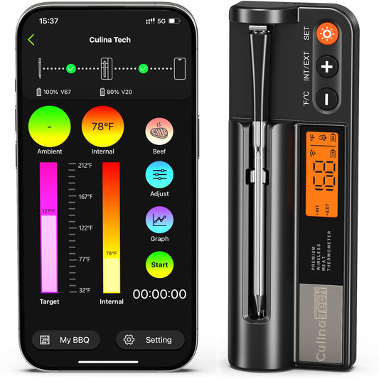 CulinaTech 700FT Wireless Meat Thermometer with LCD Screen, Digital Cooking Food Thermometer for Beef Lamb Turkey, Dual Sensor Measures Internal & Ambient Temp