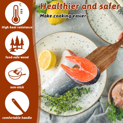 Wooden Spatula for Cooking Long Handle Flat Frying Spatula Flat Frying Inclined Spatula Angled Spatula Egg Wood Flipper Turner Fish Spatula Turner Non Stick Wood Utensils for Mixing Scraping Baking