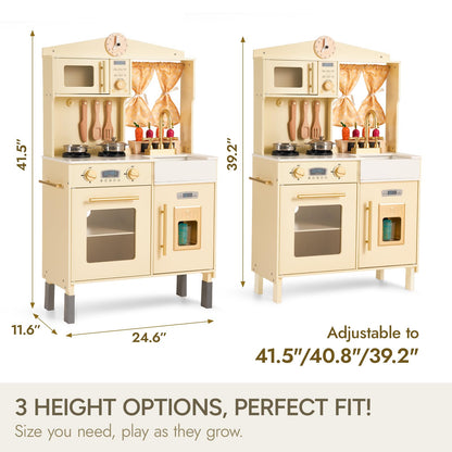 Giant bean Wooden Play Kitchen, Toddler Kitchen Playset, with Microwave Play Sink Ice Maker Oven Cookware Accessories Playset, Pretend Play Food Toys for 3+ Year Old Boys Girls