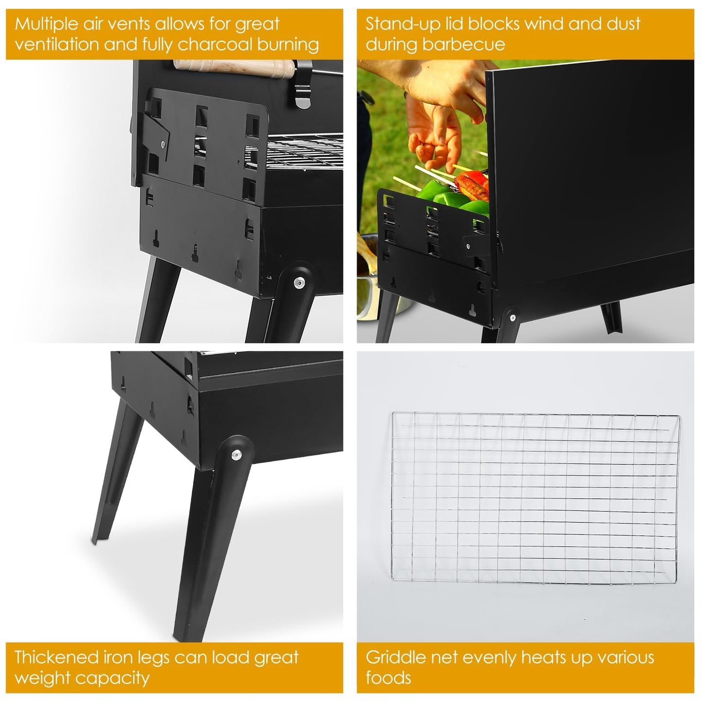 TeqHome Portable Charcoal Grill, Small BBQ Grill Outdoor Folding Barbecue Grill with Barbecue Accessories & Lid, Foldable Camping Grill for Outdoor Cooking Camp Picnic Hiking Beach Patio Smokers