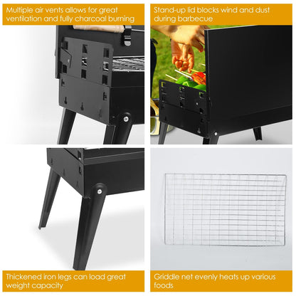 TeqHome Portable Charcoal Grill, Small BBQ Grill Outdoor Folding Barbecue Grill with Barbecue Accessories & Lid, Foldable Camping Grill for Outdoor Cooking Camp Picnic Hiking Beach Patio Smokers