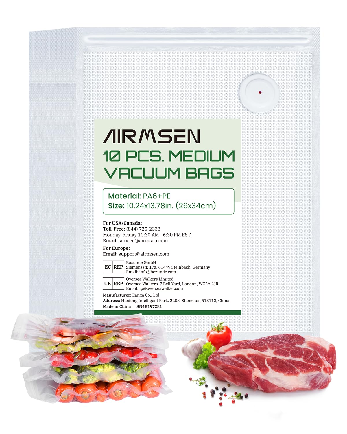 AIRMSEN Reusable Vacuum Sealer Bags 10 PCS - Fits AIRMSEN, Chef, FoodSaver and Most Handheld Sealers - BPA Free Food Saver Bags for Meal Prep, Sous Vide, Marinator - 5L (13.8"x 11.8")