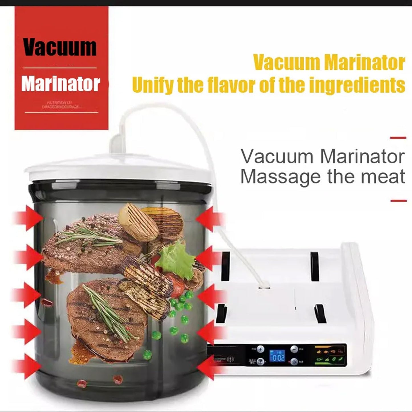 Home Vacuum Tumbler Marinating Machine, 7L Electric Automatic Pickling Barrel, HD Digital Screen 10 Hours Timer, Quick Marinator for Hamburger Meat, Turkey, Beef, Pork, Bacon, Vegetables