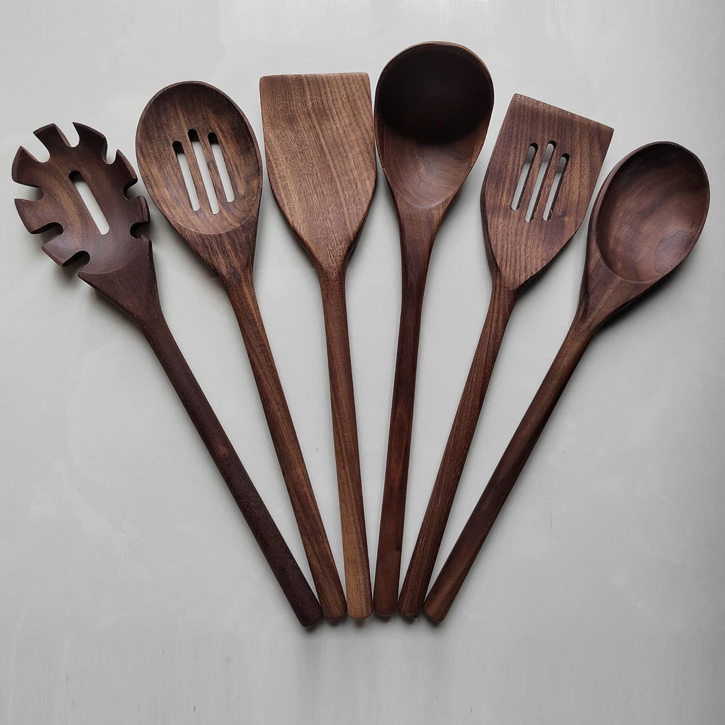 6pc Black Walnut Wooden Cooking Utensils - 13.6in Long Handle Spoons, Crafting Set