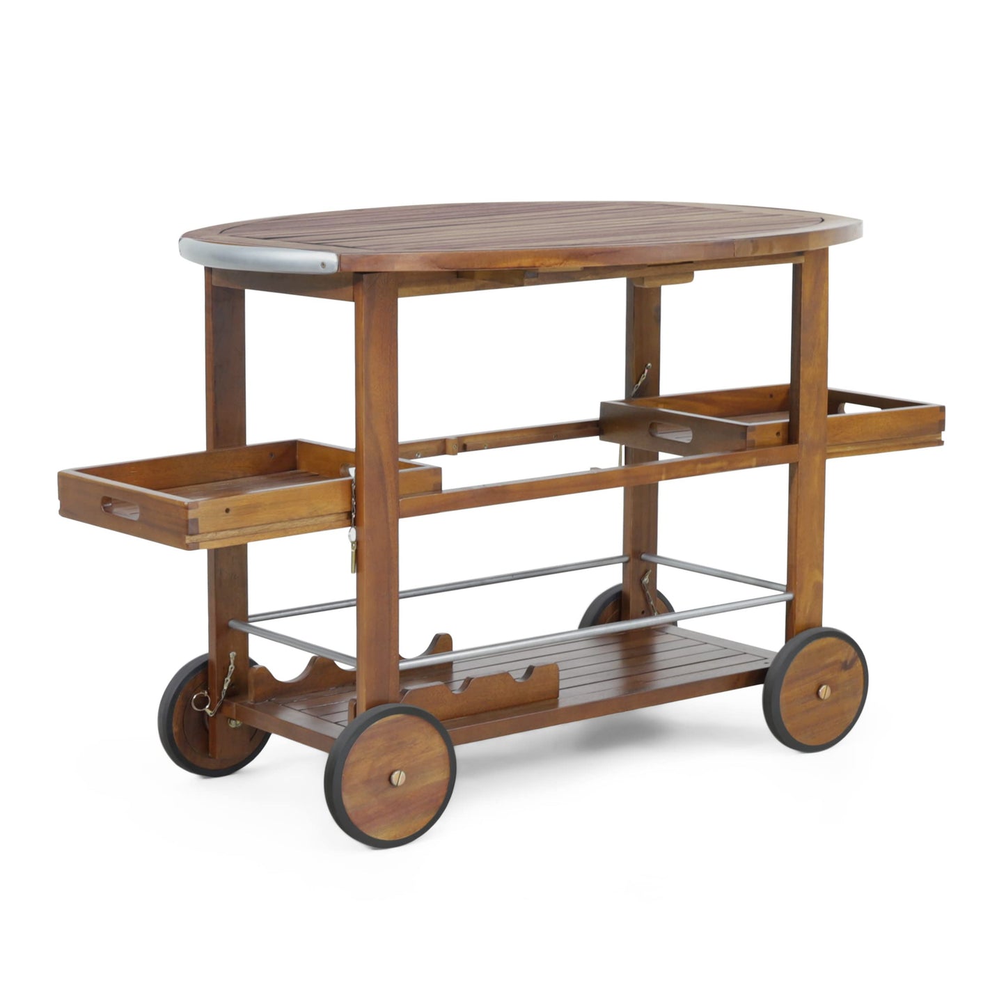 Christopher Knight Home Tillary Tiller Outdoor Acacia Wood Bar Cart Aluminum Accents, Dark Oak/Shiny Powder Coating