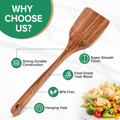 Teak Wood Spatula for Cooking, Wooden Kitchen Cooking Utensil, Large Long Handle Solid Wok Spatula Flipper with Raised Sides for Serving Scooping Frying Mixing Stirring Eggs Beans,Non-Toxic,13.4″,1Pk