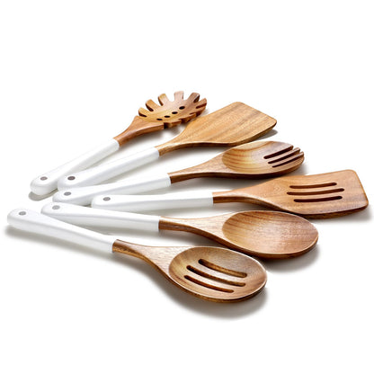ROSOS Wooden Spoons For Cooking, 6 Pieces Natural Acacia Wooden Cooking Utensils or Non-Stick Wood Kitchen Utensil Set for Kitchen Essentials, Wooden Cooking Utensils Set with Hanging Hole, White