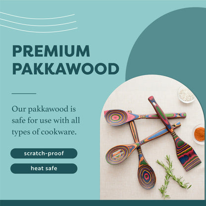 Exotic Pakkawood 6-Piece Kitchen Utensil Set with 12-in Spoon, 12-in Slotted Spoon, 12-in Spatula, 12-in Corner Spoon, 13-in Large Spurtle, 9-in Small Spurtle - by Crate Collective (Rainbow)