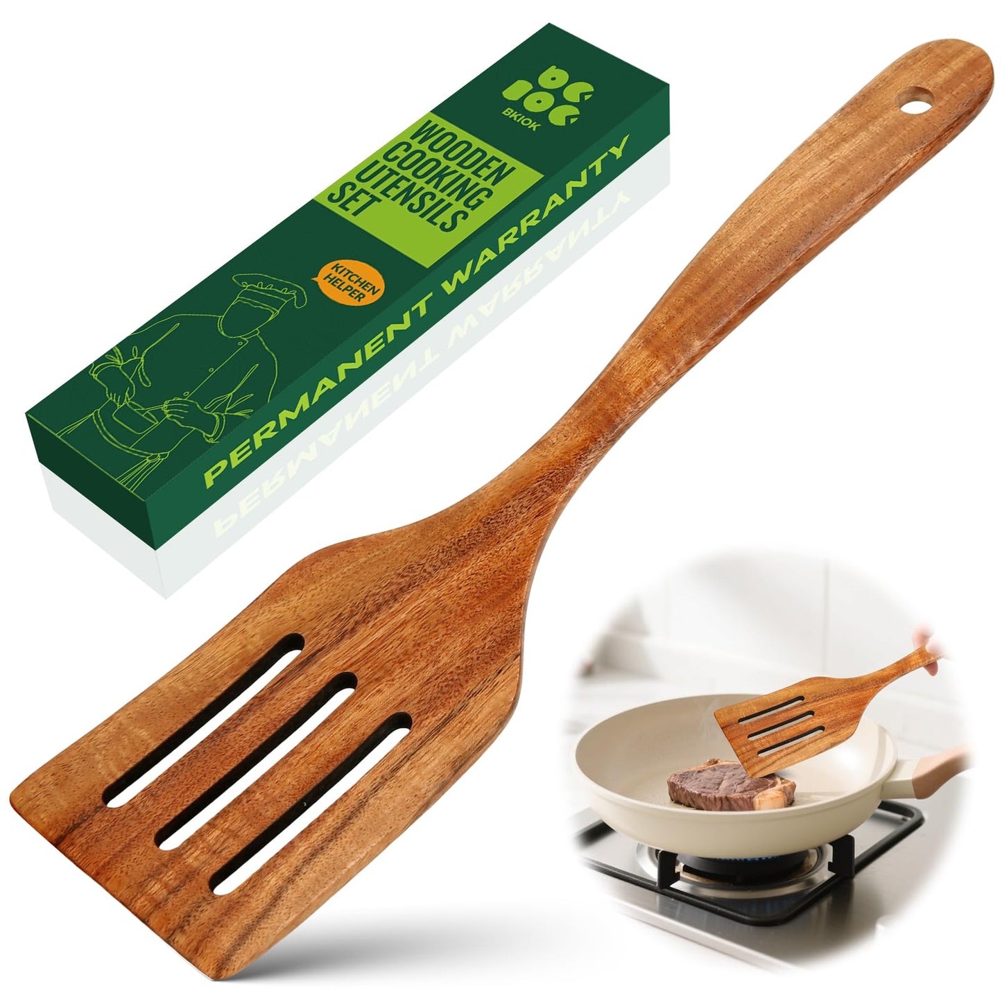 Bkiok Wooden Slotted Spatula for Cooking, Handmade Teak Wood Flat Frying Spatula Turner for Nonstick Cookware