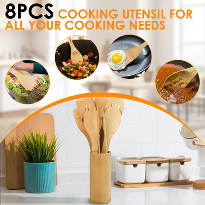 Bamboo Wooden Spoons for Cooking 8Pcs, Wooden Cooking Utensils Sets, Wooden Kitchen Bamboo Utensil Set, Spatula for Cooking, Wood Spatula, Wood Utensils kitchen essentials