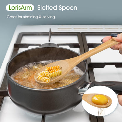 LorisArm Slotted Cooking Spoon, 12.5" Large Bamboo Serving Spoons for Mixing Stirring draining, Wood Slotted Spoon for Nonstick Kitchen Utensils Tableware Wooden Scoop Spoon.