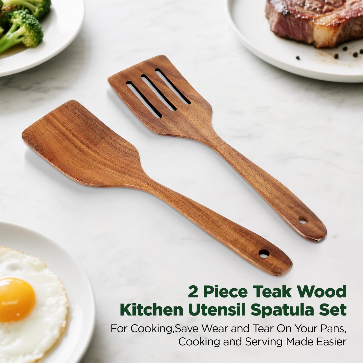 ANBUY Wooden Spatula for Cooking, Teak Wood Spatula Set for Nonstick Pan, Heat Resistant Kitchen Cooking Utensils Set, 2 PCS Slotted Spatula & Turner Non Toxic