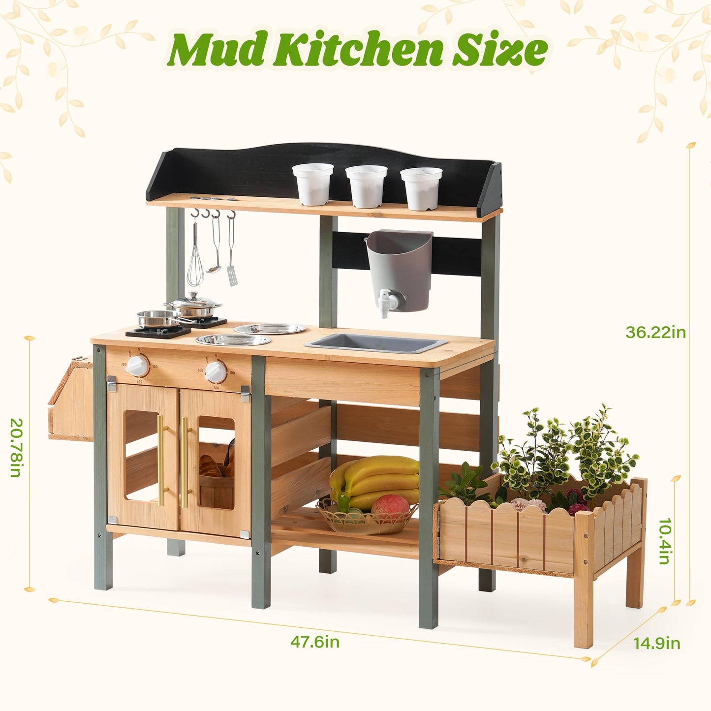 ROBOTIME Mud Kitchen for Kids Outdoor, Wood Outdoor Kitchen with Insect Observation Box & Planter Box, Toddler Play Kitchen with Removable Sink & Faucet, Pretend Outdoor Playset for Garden Fun