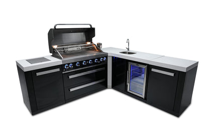 Mont Alpi MAi805-BSS90BEV Burner 115000 BTU L-Shaped 90 Degree Corner Black Stainless Steel Gas Modular Outdoor Kitchen Island BBQ Grill with Beverage Center Refrigerator + 2 Infrared Burners +Storage