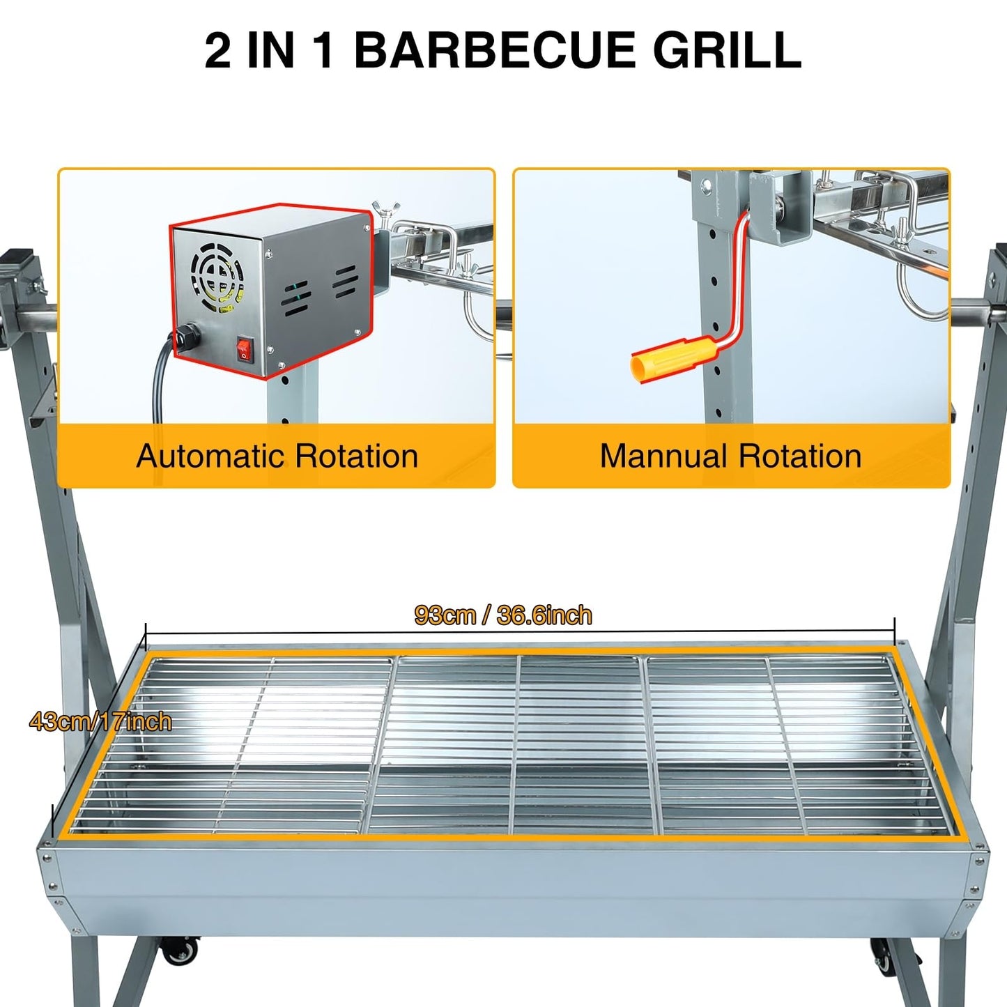Rotisserie Grill Roaster Charcoal Outdoor BBQ Pig Lamb Spit with 25w Motor and Hand Crank Metal Wheels
