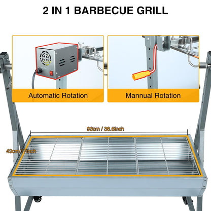 Rotisserie Grill Roaster Charcoal Outdoor BBQ Pig Lamb Spit with 25w Motor and Hand Crank Metal Wheels